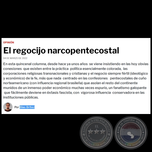 EL REGOCIJO NARCOPENTECOSTAL - Por BLAS BRTEZ - Viernes, 04 de Marzo de 2022